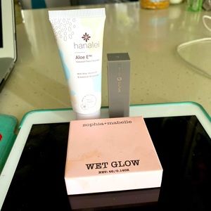 Highlighter, lip balm, face cleanser